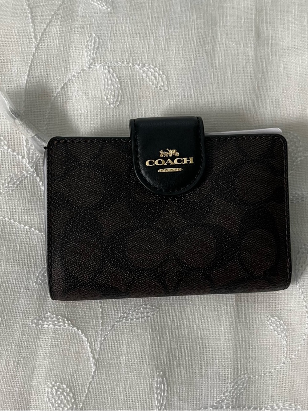 Coach Brown and Black Medium Corner Zip Signature Compact Wallet